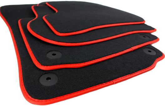 Fußmatten passend für VW Golf 5 6 Variant Jetta Scirocco Velours Premium Qualität Autoteppich schwarz/rot Leder Band 4-teilig Druckknopf rund 