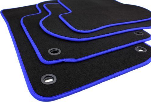 Fußmatten passend für VW Golf 5 6 Jetta Scirocco Premium Qualität Matten Velours Autoteppiche 4-teilig schwarz/blau Drehknebel 